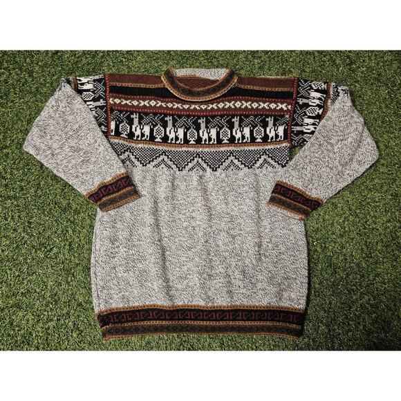 Peruvian Alpaca Wool Sweater Womens Llama Folk Art Graphic Colorful - Picture 1 of 6